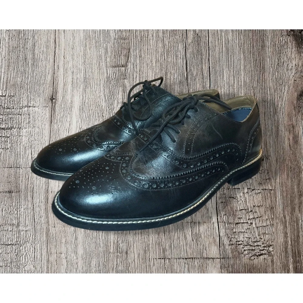 Thomas Vine Shoes Mens 9 Black Leather Franklin Wingtip Oxford Dress Shoe